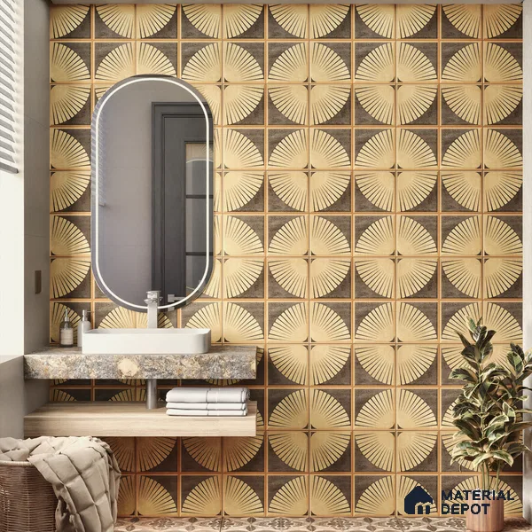 Metallic Wall & Floor Tile TL 07234 Golden Arc 1 ft x 1 ft Ceramic Matte Finish - 9 mm  | 2 mm Spacer is Mandatory | Suitable For Bathroom, Kitchen, Dining Area | Please Expect a Slight Variation of Pattern (Sample)